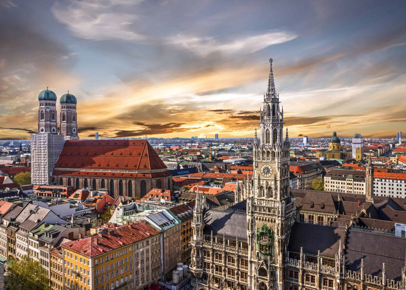 Munich sunset panoramic architecture, Bavaria, Germany. Frauenkirche and town hall on Marienplatz
